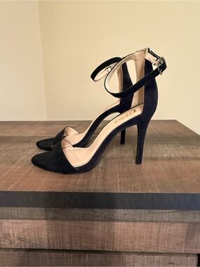 Fergie Black Suede Pointed-Toe Ankle-Strap Stilettos